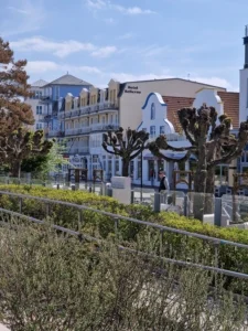 Frontansicht des Hotel Bellevue an einem sonnigen Tag, mit mehrstöckiger, klassischer Architektur, Balkonen und markanten blauen Dachdetails, gelegen hinter einer Allee von beschnittenen Bäumen an der Strandpromenade.