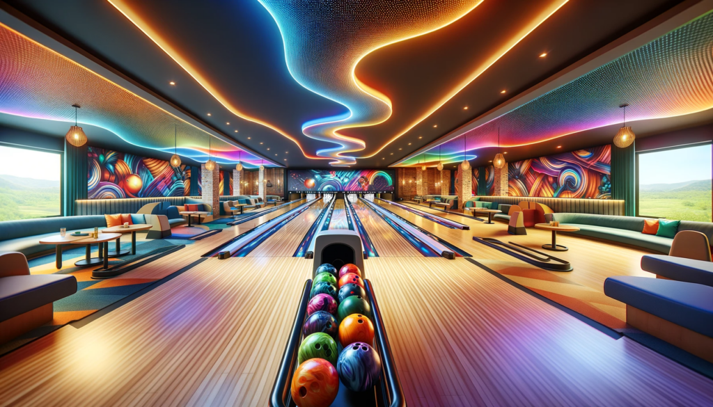 Moderne Bowlingbahn mit leuchtend bunten Lichtern, polierten Holzbahnen und einer Auswahl an farbigen Kegelkugeln, umgeben von gemütlichen Sitzbereichen und dynamischer abstrakter Wandkunst