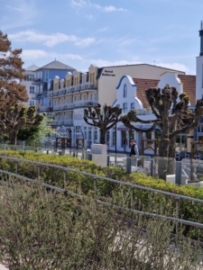 Frontansicht des Hotel Bellevue an einem sonnigen Tag, mit mehrstöckiger, klassischer Architektur, Balkonen und markanten blauen Dachdetails, gelegen hinter einer Allee von beschnittenen Bäumen an der Strandpromenade.